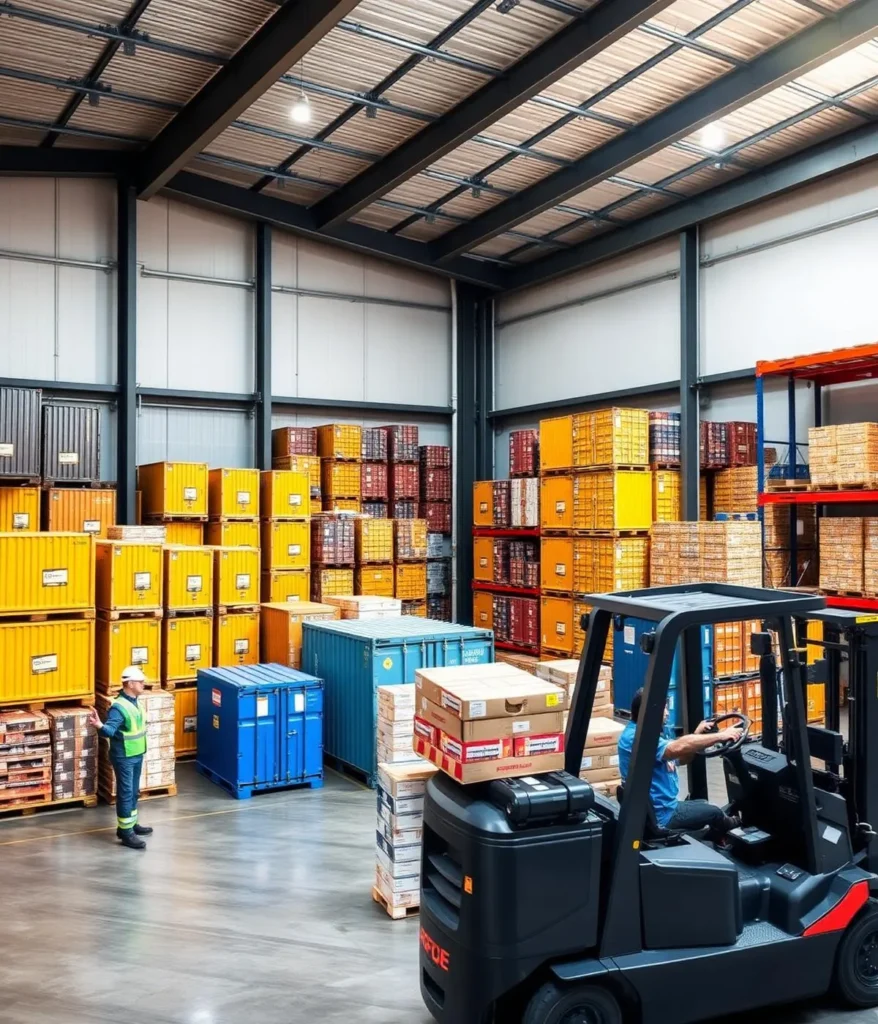 Folks Express warehouse operations with cargo storage and forklift handling shipments