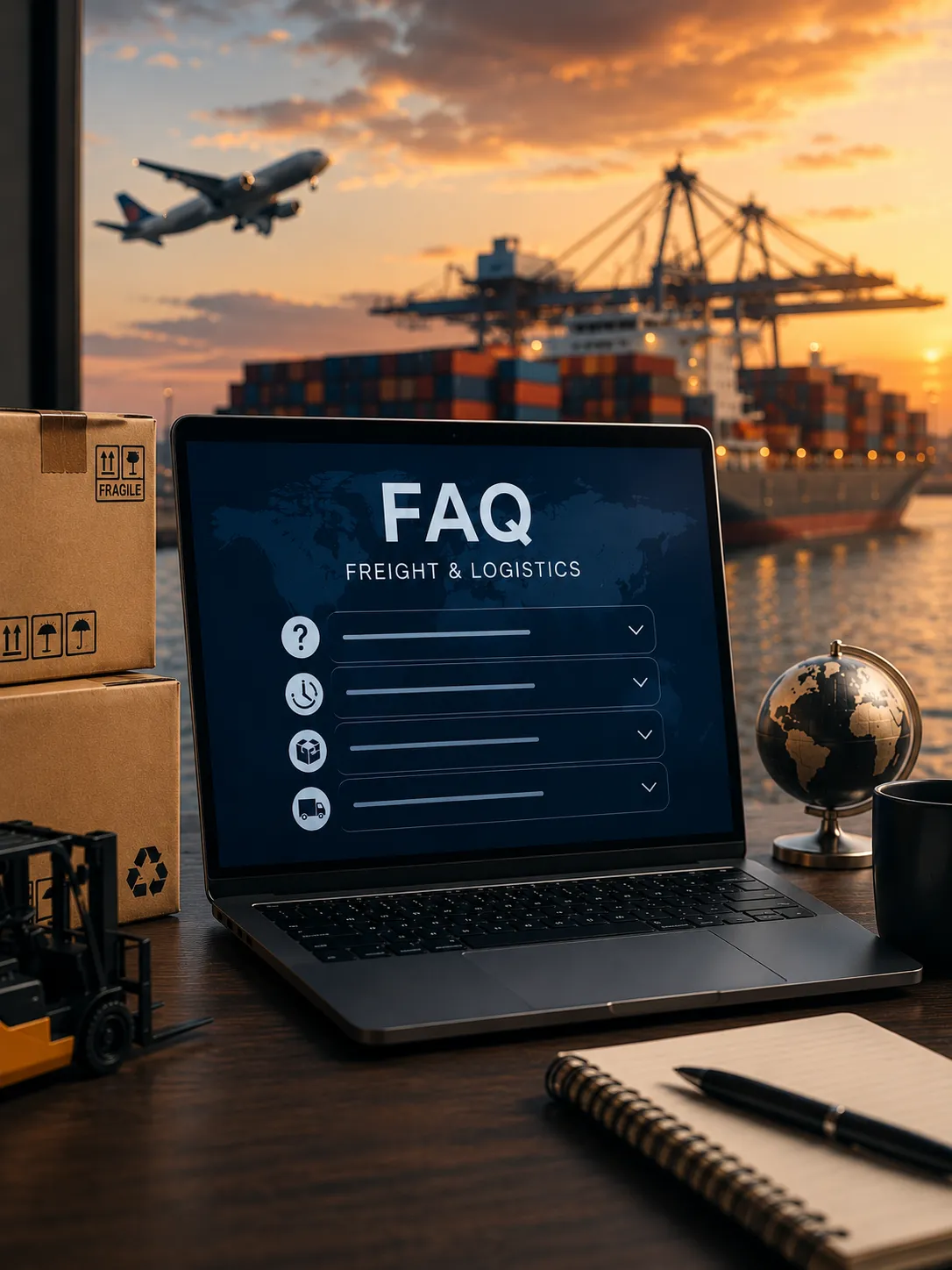 Freight and logistics FAQ on laptop with port and cargo operations in the background